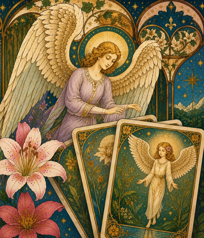 Ilustrace anděla a karet s liliemi