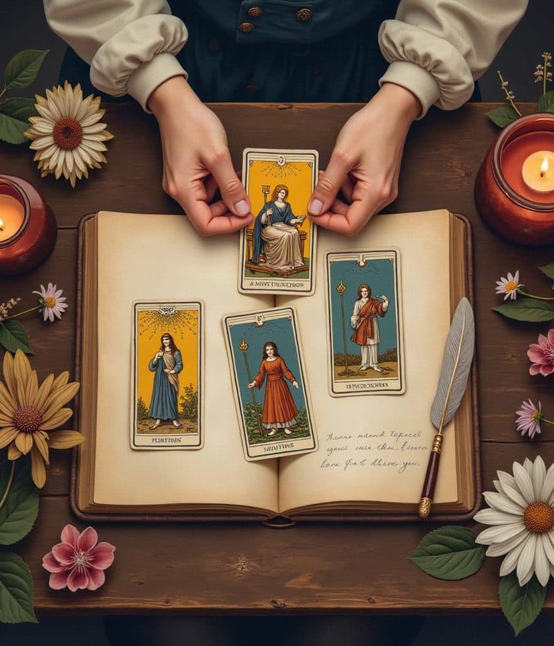 Ilustrace rukou pokládajících tarotové karty na otevřený sešit