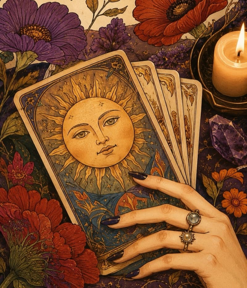 Ilustrace ruky s tarotovými kartami mezi květy